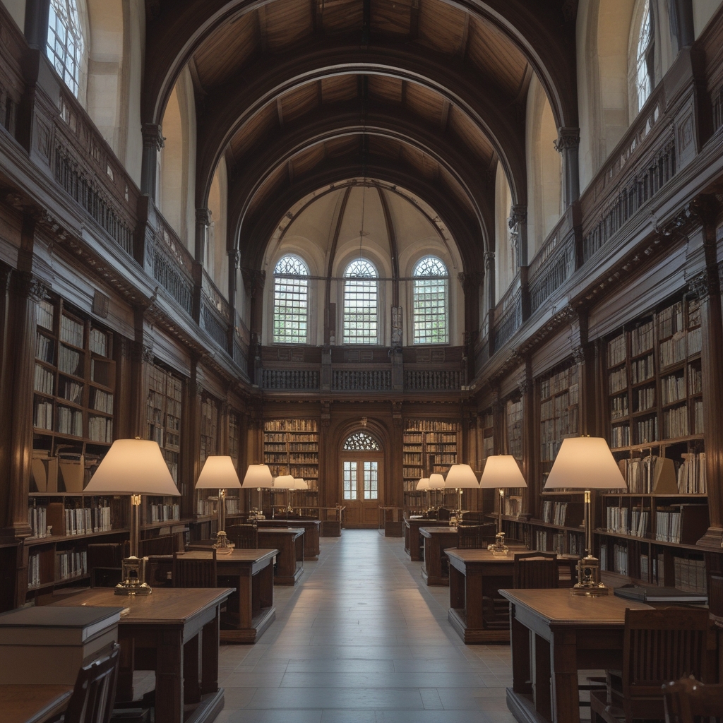 Interior of a classic academic library with tall wooden bookshelves filled with volumes, reading tables with warm lamp light and arched windows