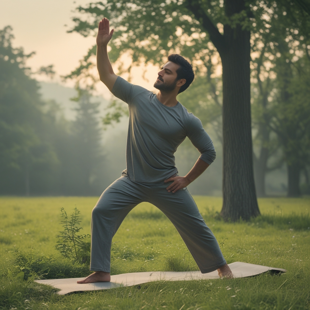 Man practising morning yoga in an open green meadow surrounded by trees, performing a standing balance pose in natural daylight