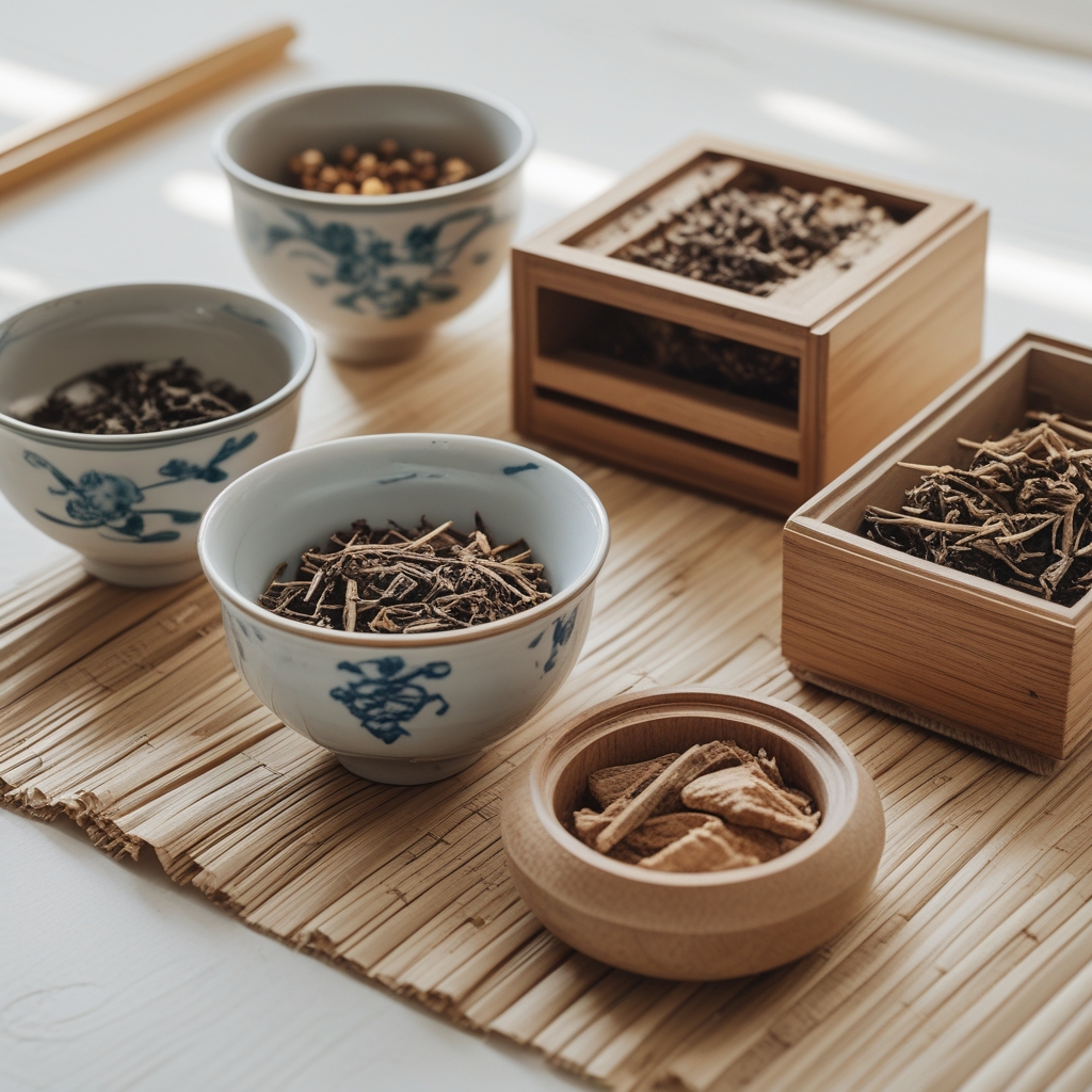 Traditional Chinese ceramic tea bowls and wooden boxes with dried botanical ingredients on a bamboo mat in soft warm lighting